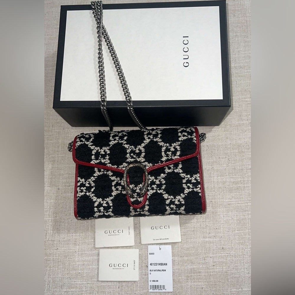 Tweed GG Monogram Dionysus Shoulder Bag Black White Romantic Cherry